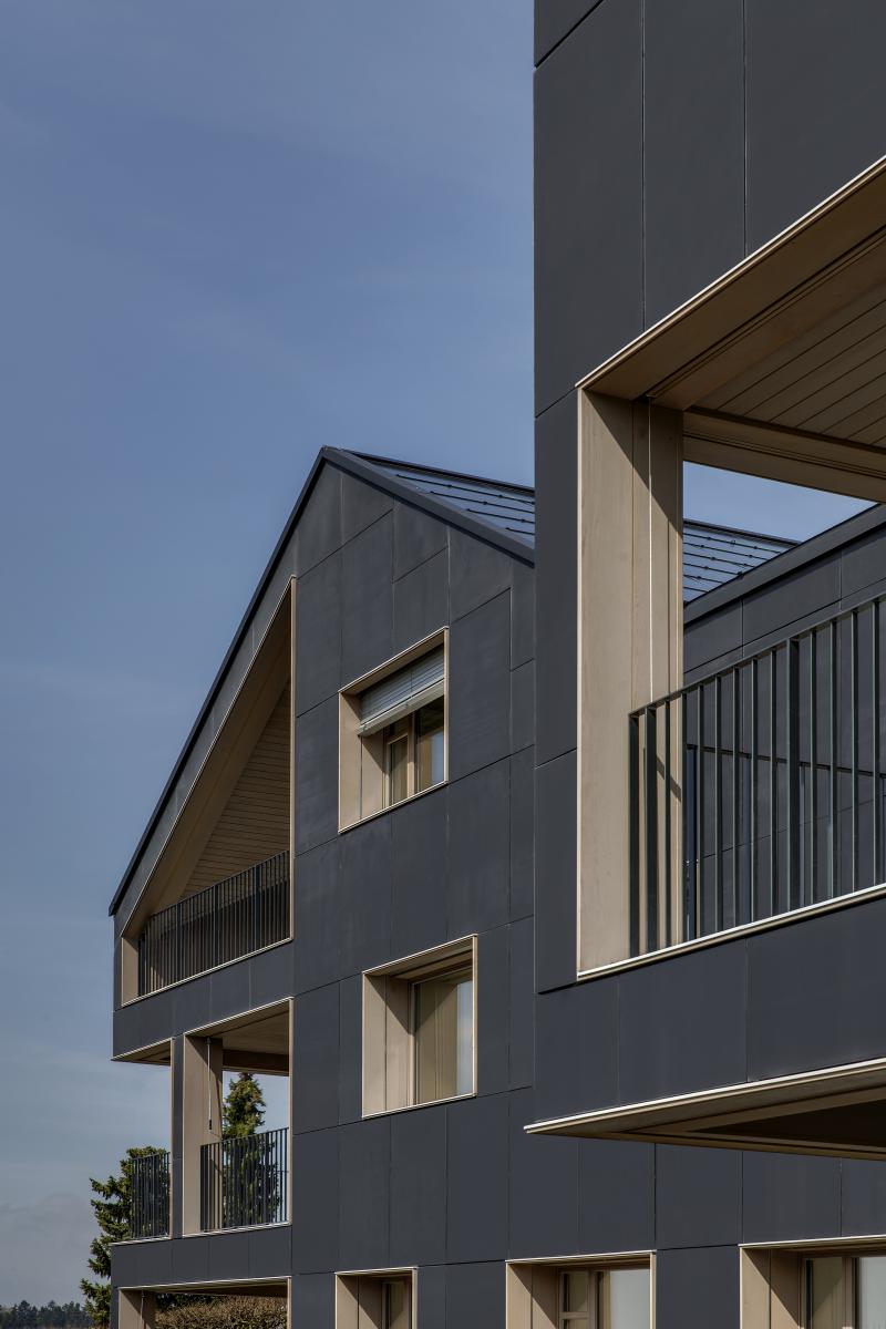 Die Südfassade lebt vom Kontrast der dunklen Dünnschichtmodule und dem hellen Holz. Die Technik unter dem Gebäude mit der Power-to-Gas-Technologie und dem Wasserstoffspeicher ist einzigartig.